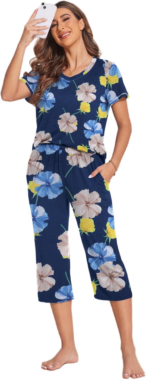 imageEkouaer Womens Sleepwear Capri Pajama Sets Short Sleeve TwoPiece Pjs V Neck Tops amp Capri Pants with Pockets S3XLBlue Khaki Flowers