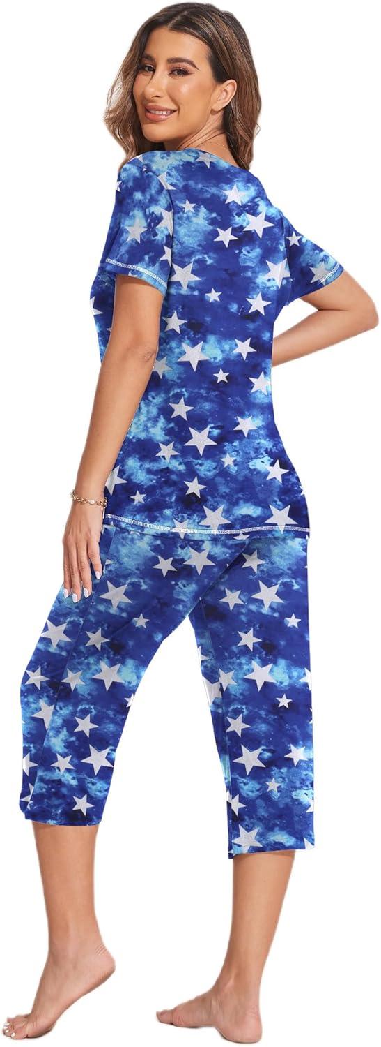 imageEkouaer Womens Sleepwear Capri Pajama Sets Short Sleeve TwoPiece Pjs V Neck Tops amp Capri Pants with Pockets S3XLBlue Stars