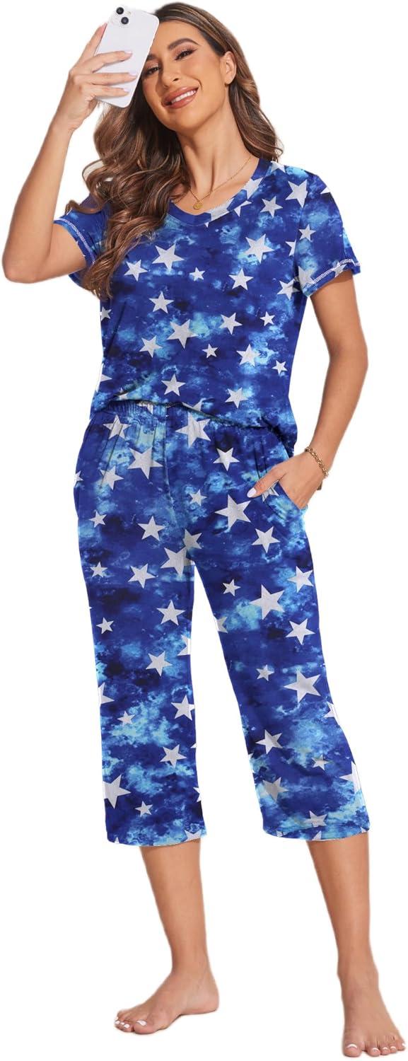 imageEkouaer Womens Sleepwear Capri Pajama Sets Short Sleeve TwoPiece Pjs V Neck Tops amp Capri Pants with Pockets S3XLBlue Stars