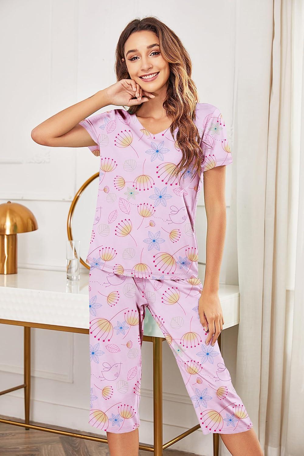 imageEkouaer Womens Sleepwear Capri Pajama Sets Short Sleeve TwoPiece Pjs V Neck Tops amp Capri Pants with Pockets S3XLColorful Flowers