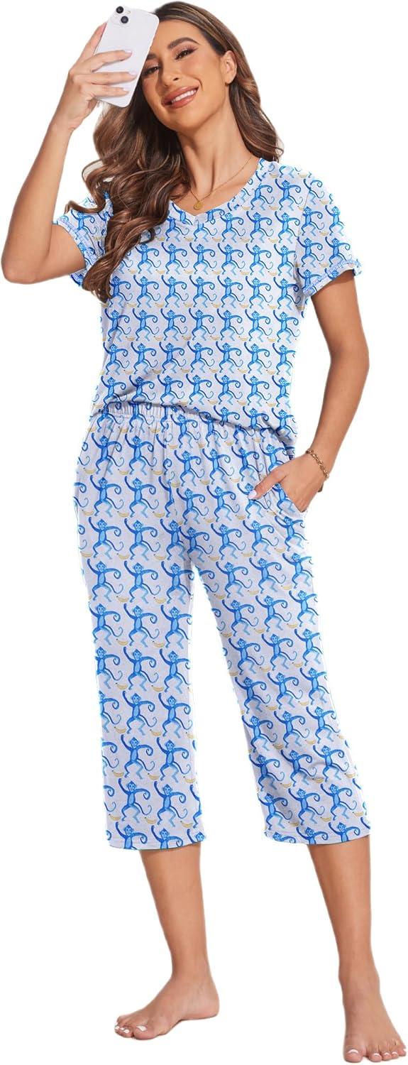 imageEkouaer Womens Sleepwear Capri Pajama Sets Short Sleeve TwoPiece Pjs V Neck Tops amp Capri Pants with Pockets S3XLCute Monkey