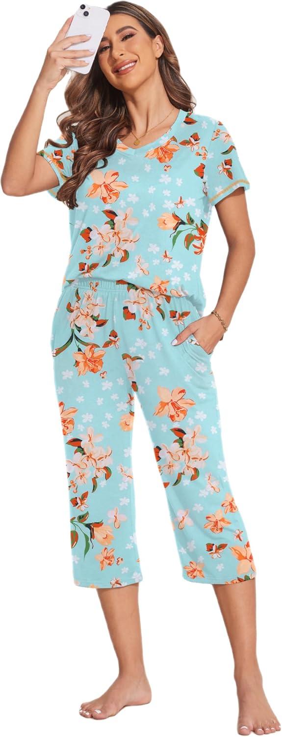 imageEkouaer Womens Sleepwear Capri Pajama Sets Short Sleeve TwoPiece Pjs V Neck Tops amp Capri Pants with Pockets S3XLGreen Flowers