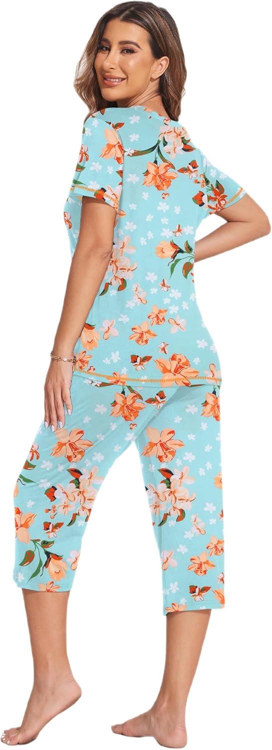 imageEkouaer Womens Sleepwear Capri Pajama Sets Short Sleeve TwoPiece Pjs V Neck Tops amp Capri Pants with Pockets S3XLGreen Flowers