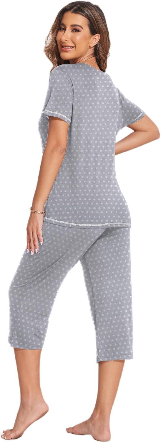 imageEkouaer Womens Sleepwear Capri Pajama Sets Short Sleeve TwoPiece Pjs V Neck Tops amp Capri Pants with Pockets S3XLGrey Stars