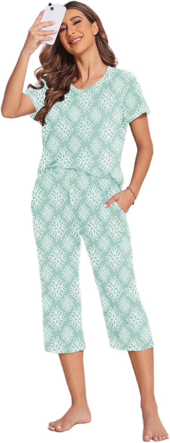 imageEkouaer Womens Sleepwear Capri Pajama Sets Short Sleeve TwoPiece Pjs V Neck Tops amp Capri Pants with Pockets S3XLLight Green Flowers