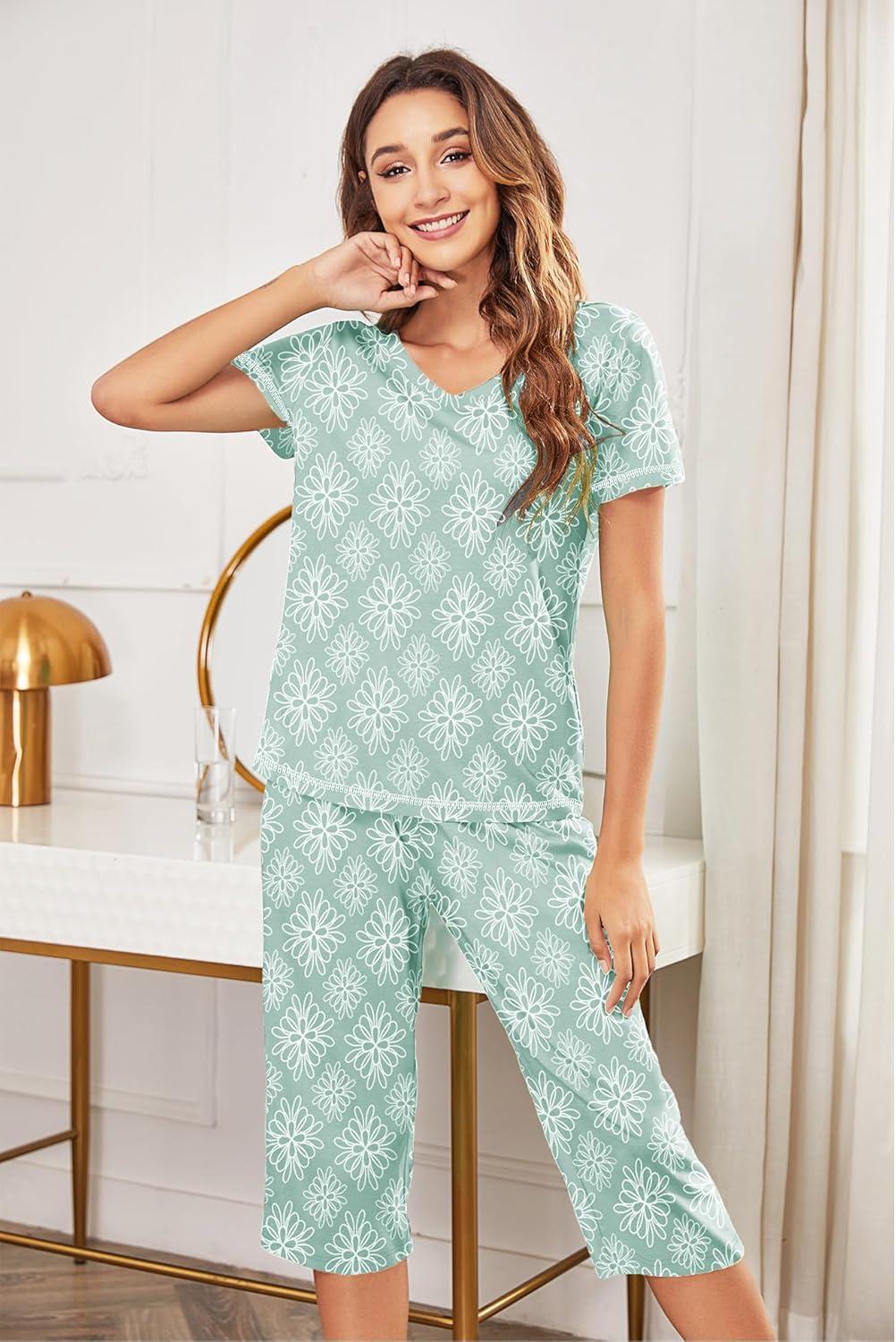 imageEkouaer Womens Sleepwear Capri Pajama Sets Short Sleeve TwoPiece Pjs V Neck Tops amp Capri Pants with Pockets S3XLLight Green Flowers