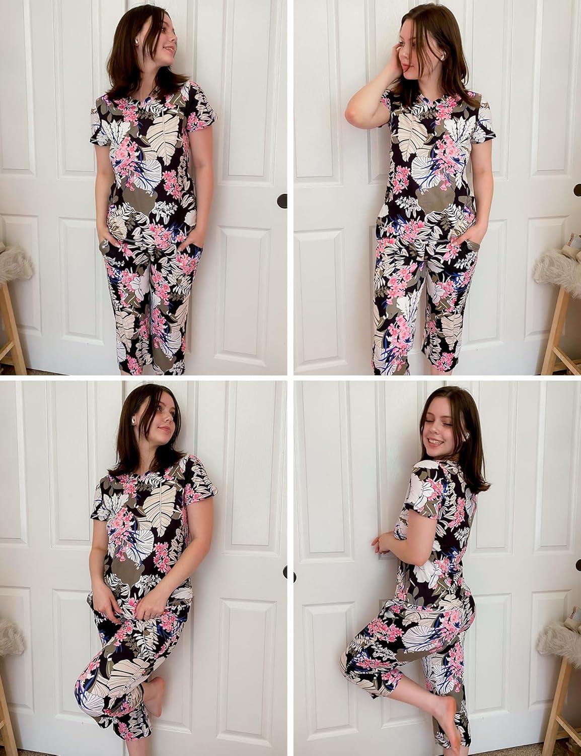 imageEkouaer Womens Sleepwear Capri Pajama Sets Short Sleeve TwoPiece Pjs V Neck Tops amp Capri Pants with Pockets S3XLPink Leaves
