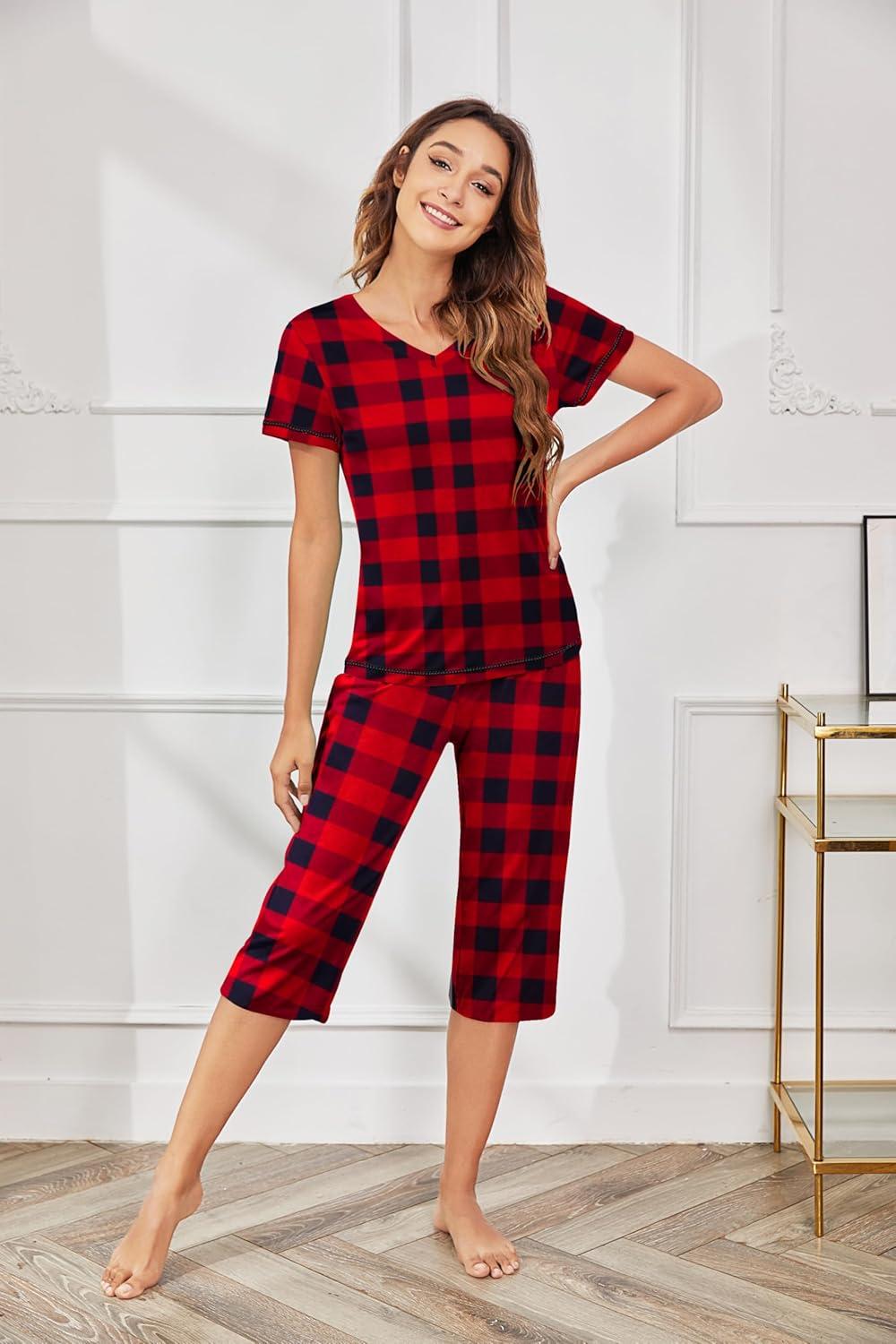 imageEkouaer Womens Sleepwear Capri Pajama Sets Short Sleeve TwoPiece Pjs V Neck Tops amp Capri Pants with Pockets S3XLRed Christmas Plaid