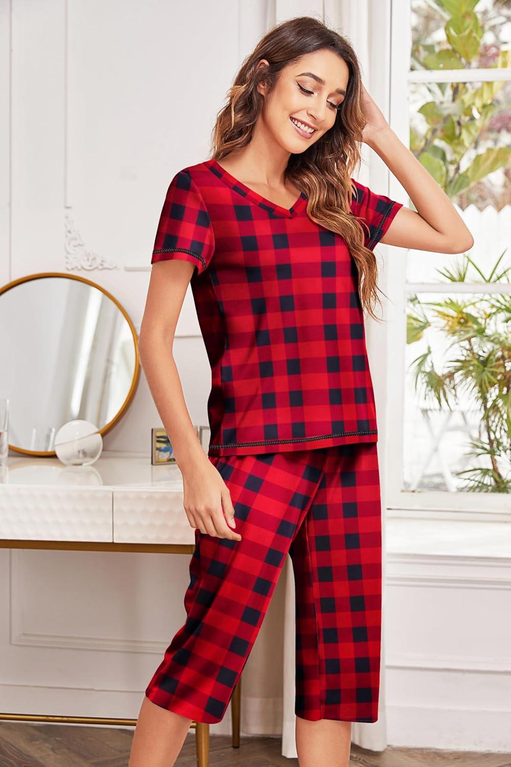 imageEkouaer Womens Sleepwear Capri Pajama Sets Short Sleeve TwoPiece Pjs V Neck Tops amp Capri Pants with Pockets S3XLRed Christmas Plaid