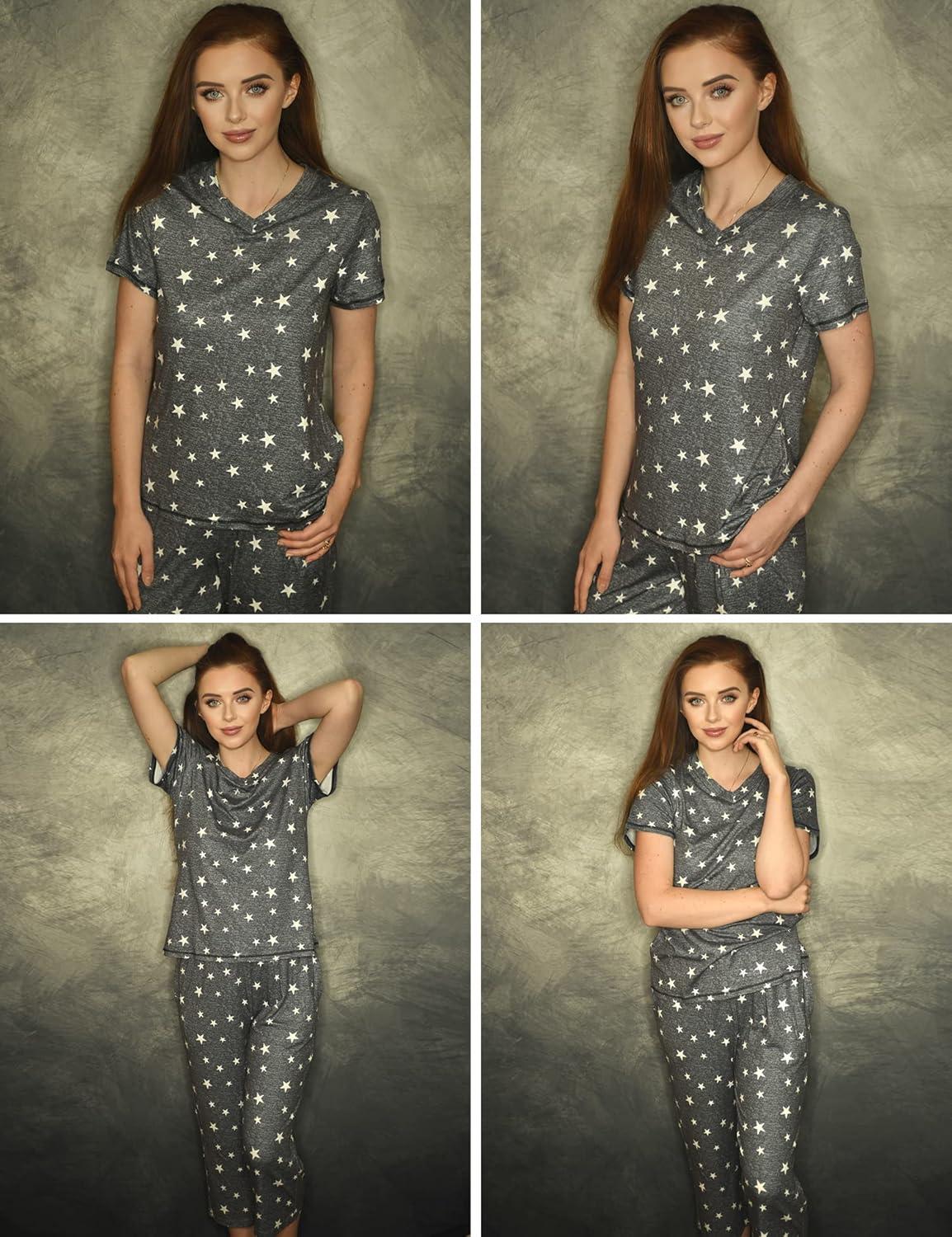 imageEkouaer Womens Sleepwear Capri Pajama Sets Short Sleeve TwoPiece Pjs V Neck Tops amp Capri Pants with Pockets S3XLStars