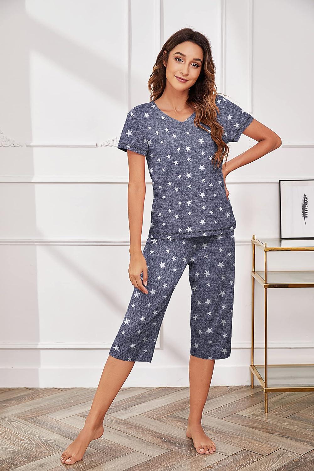 imageEkouaer Womens Sleepwear Capri Pajama Sets Short Sleeve TwoPiece Pjs V Neck Tops amp Capri Pants with Pockets S3XLStars