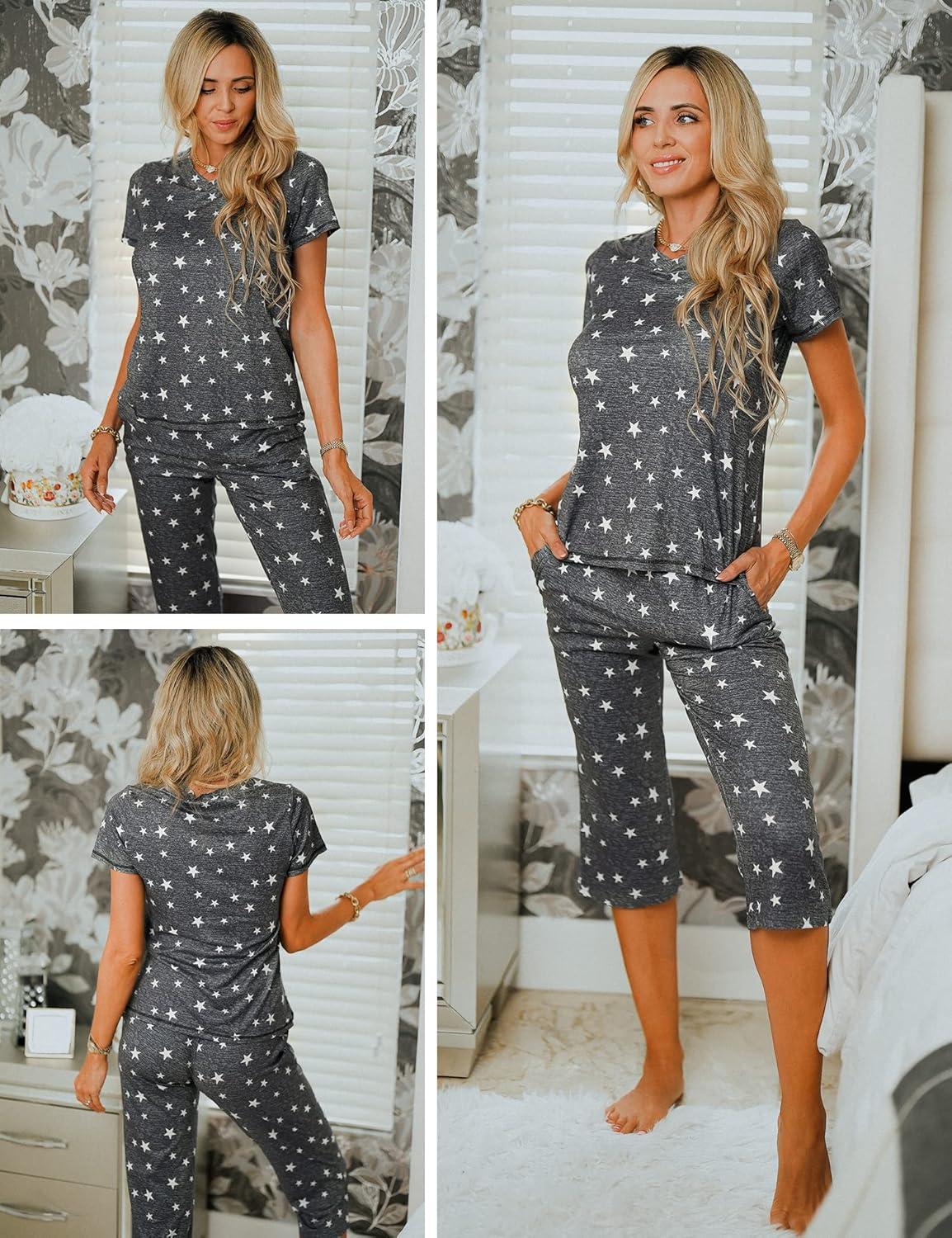 imageEkouaer Womens Sleepwear Capri Pajama Sets Short Sleeve TwoPiece Pjs V Neck Tops amp Capri Pants with Pockets S3XLStars