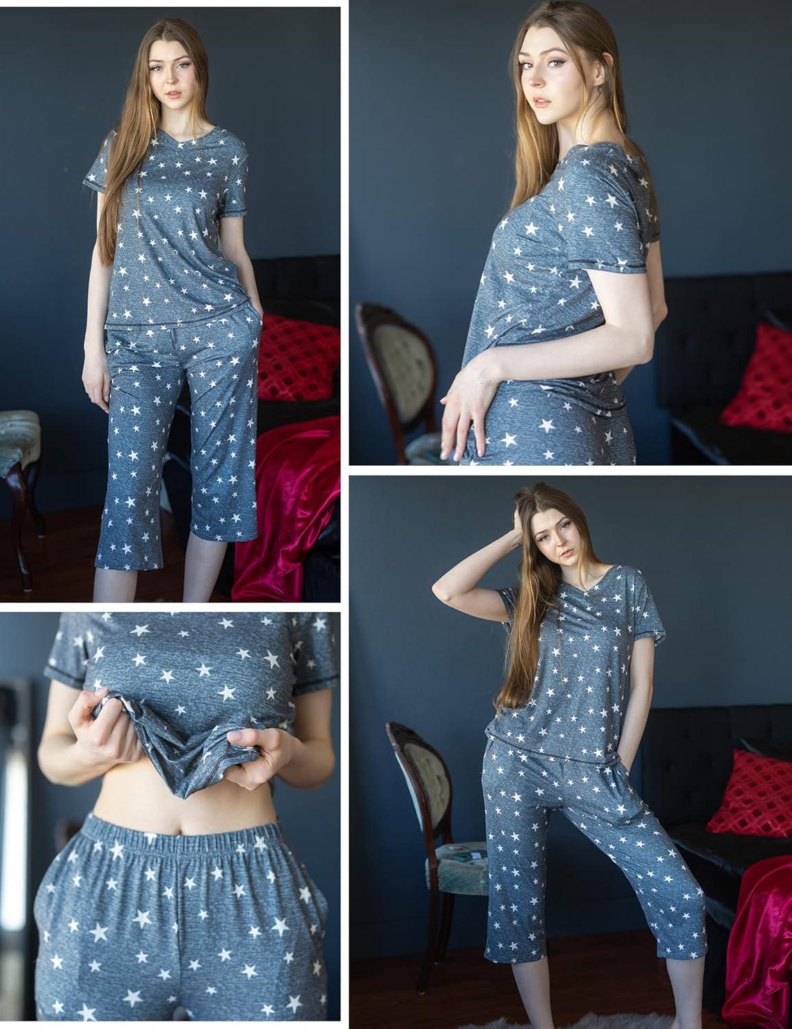 imageEkouaer Womens Sleepwear Capri Pajama Sets Short Sleeve TwoPiece Pjs V Neck Tops amp Capri Pants with Pockets S3XLStars