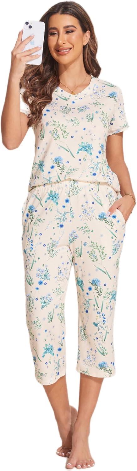 imageEkouaer Womens Sleepwear Capri Pajama Sets Short Sleeve TwoPiece Pjs V Neck Tops amp Capri Pants with Pockets S3XLWhite Blue Flowers