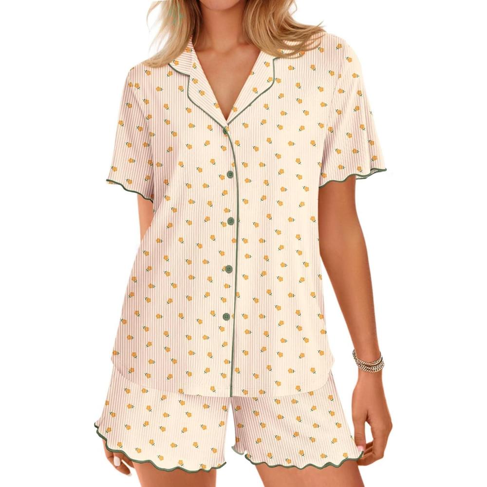 imageEkouaer Button Up Pajamas Set for Women Short Sleeve Ribbed Knit Sleepwear 2 Piece Pjs Shorts SetApricotfloral