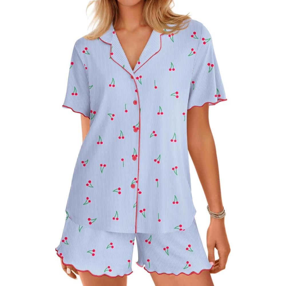 imageEkouaer Button Up Pajamas Set for Women Short Sleeve Ribbed Knit Sleepwear 2 Piece Pjs Shorts SetBluecherries