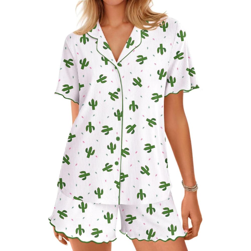 imageEkouaer Button Up Pajamas Set for Women Short Sleeve Ribbed Knit Sleepwear 2 Piece Pjs Shorts SetCactus