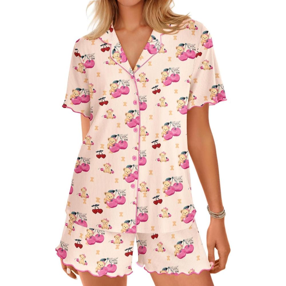imageEkouaer Button Up Pajamas Set for Women Short Sleeve Ribbed Knit Sleepwear 2 Piece Pjs Shorts SetCherry Teddy
