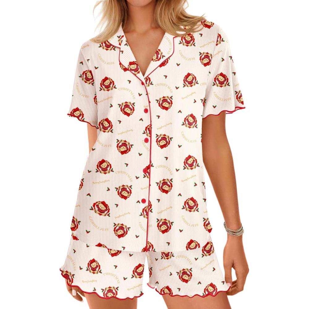 imageEkouaer Button Up Pajamas Set for Women Short Sleeve Ribbed Knit Sleepwear 2 Piece Pjs Shorts SetChristmas Teddy