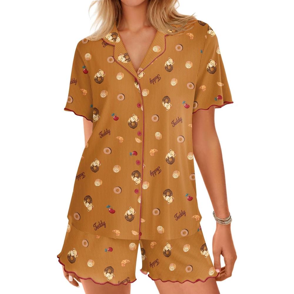 imageEkouaer Button Up Pajamas Set for Women Short Sleeve Ribbed Knit Sleepwear 2 Piece Pjs Shorts SetDoughnut Teddy