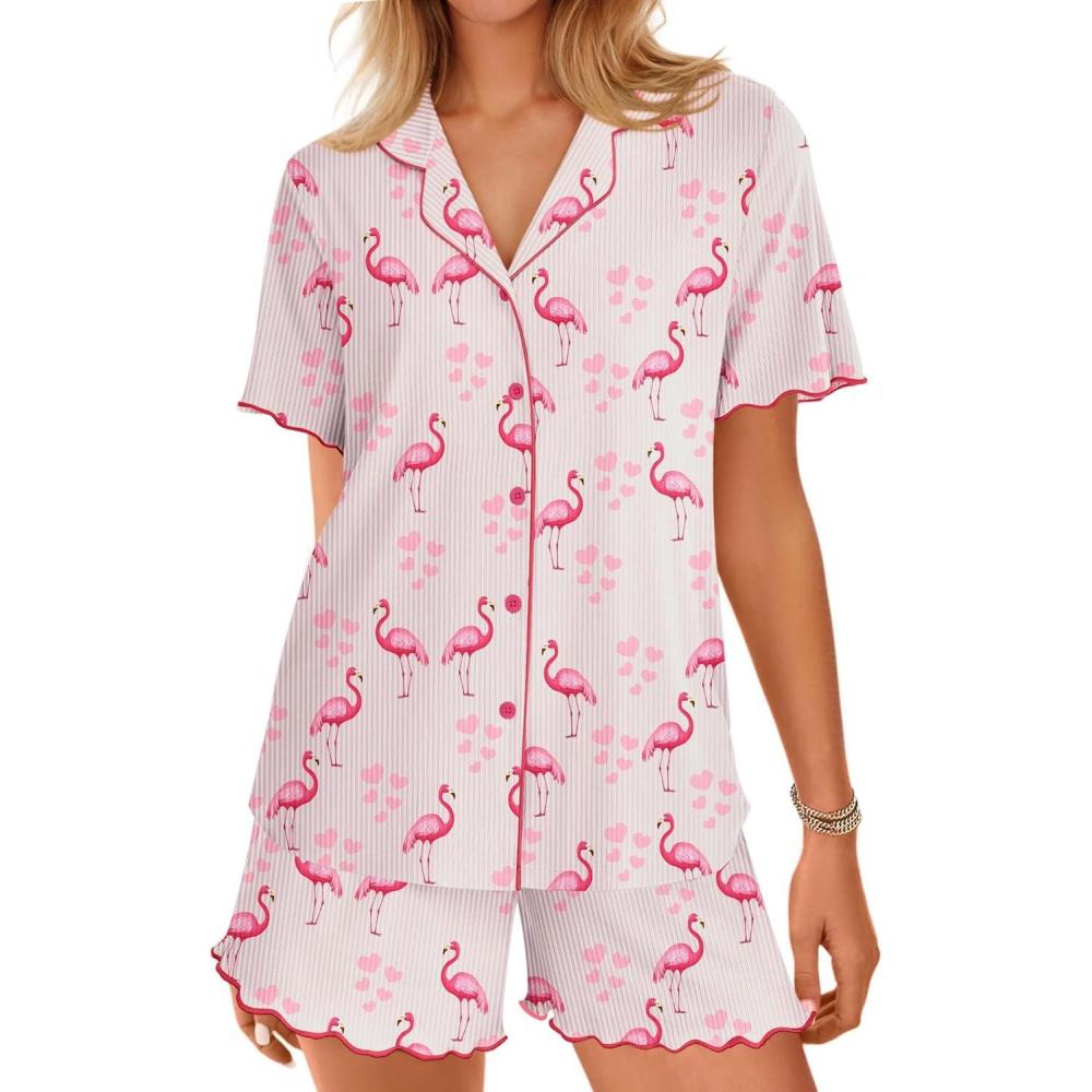 imageEkouaer Button Up Pajamas Set for Women Short Sleeve Ribbed Knit Sleepwear 2 Piece Pjs Shorts SetFlamingos