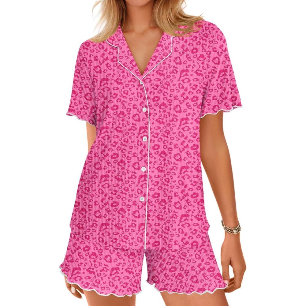 imageEkouaer Button Up Pajamas Set for Women Short Sleeve Ribbed Knit Sleepwear 2 Piece Pjs Shorts SetHot Pink Leopard