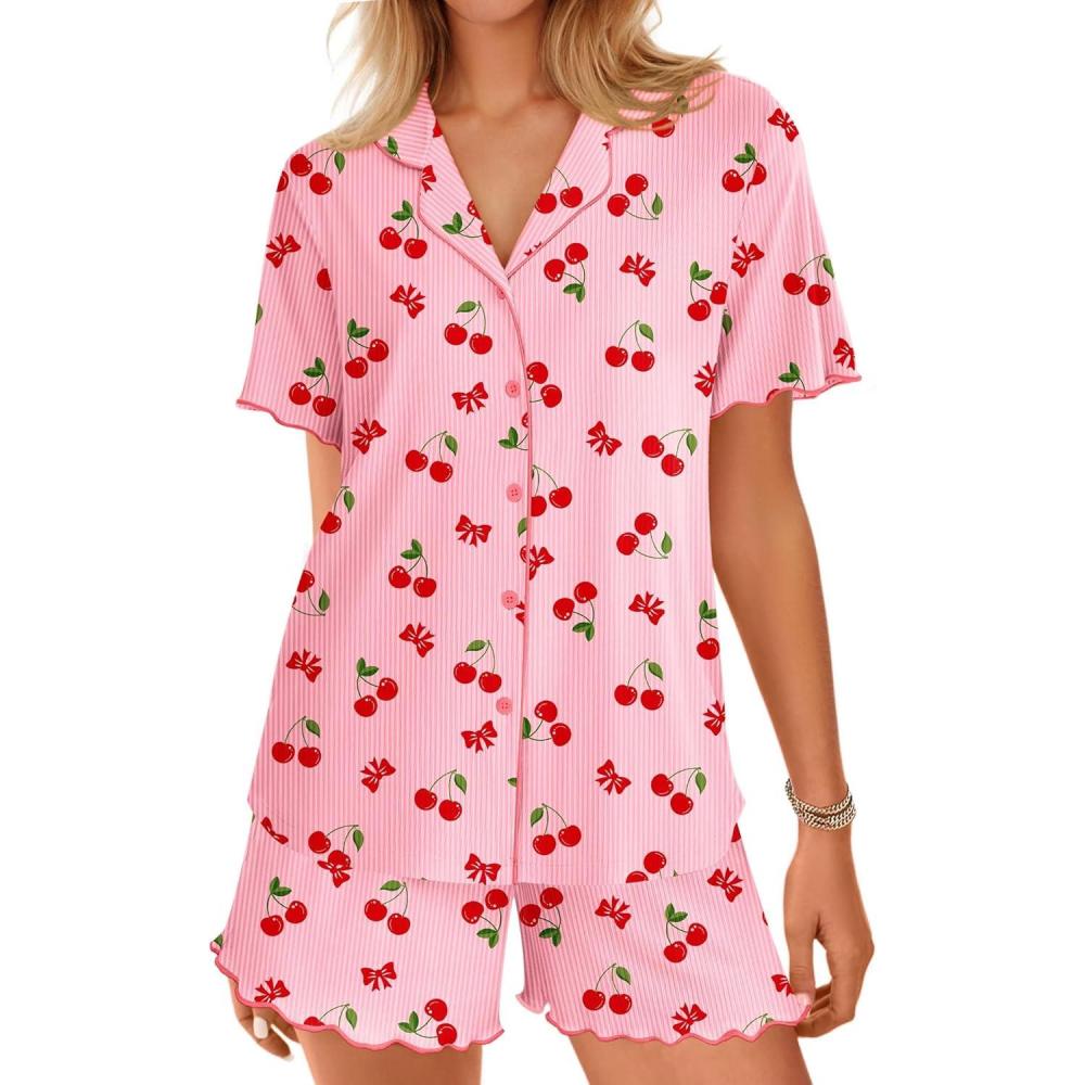 imageEkouaer Button Up Pajamas Set for Women Short Sleeve Ribbed Knit Sleepwear 2 Piece Pjs Shorts SetPinkcherries