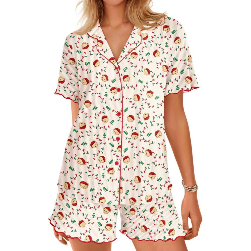 imageEkouaer Button Up Pajamas Set for Women Short Sleeve Ribbed Knit Sleepwear 2 Piece Pjs Shorts SetTeddy Tree
