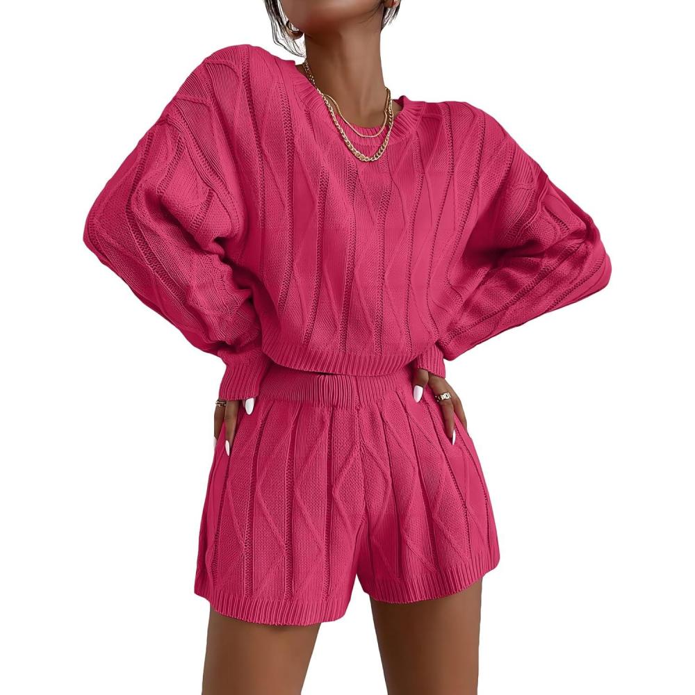 imageEkouaer Knit Lounge Sets for Women 2 Piece Cozy Long Sleeve Pullover Sweater Top and Shorts Set Sweatsuit OutfitsRose Red