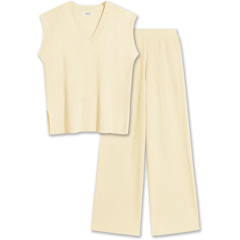 imageEkouaer Lounge Sets for Women 2 Piece Outfits Knit Sweater Vest Lounge Pants Casual Matching Loungewear SetBeige