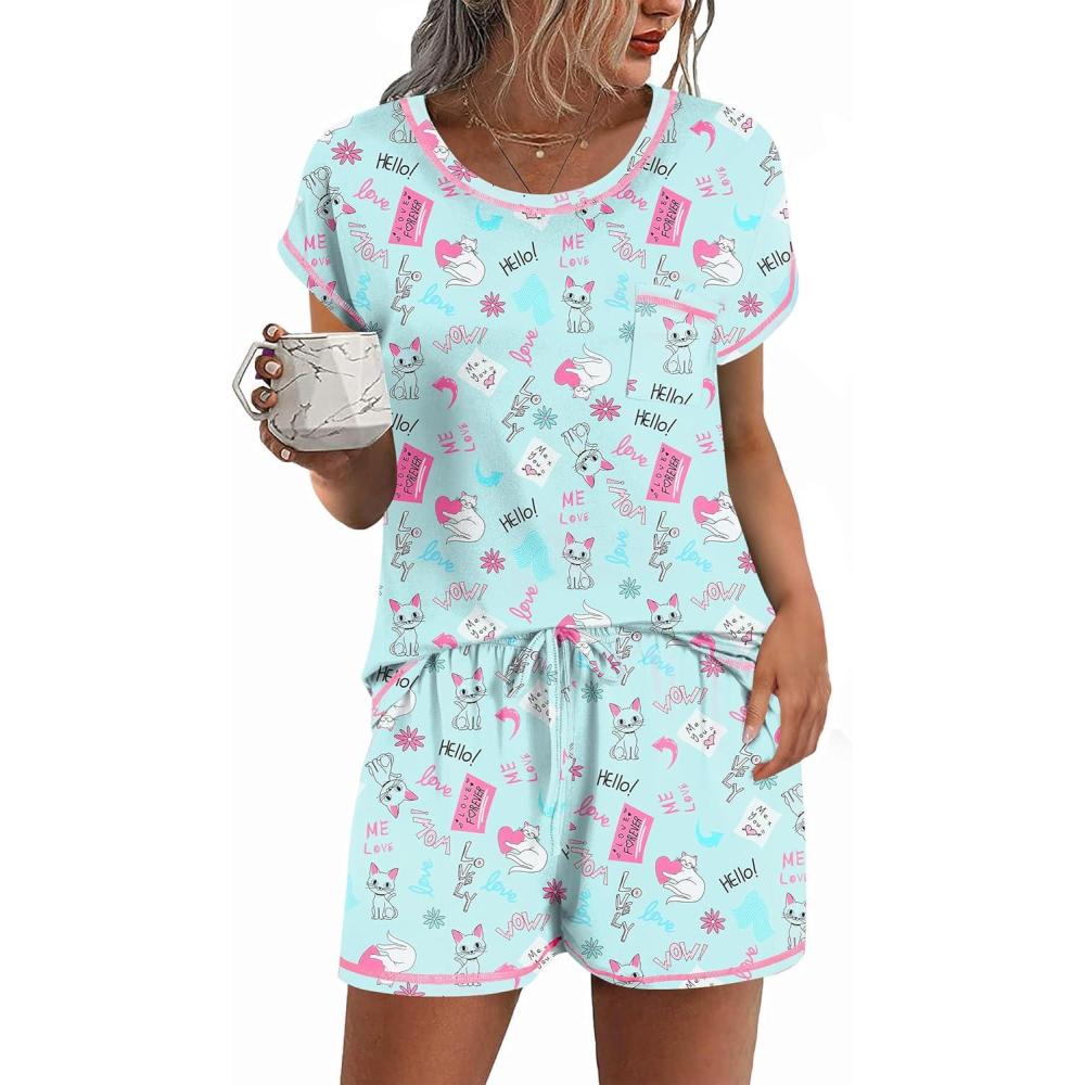 imageEkouaer Pajama Set for Women Short Sleeve Tops and Shorts Set 2 Piece Pjs Classic Loungewear with PocketsCartoon Cat