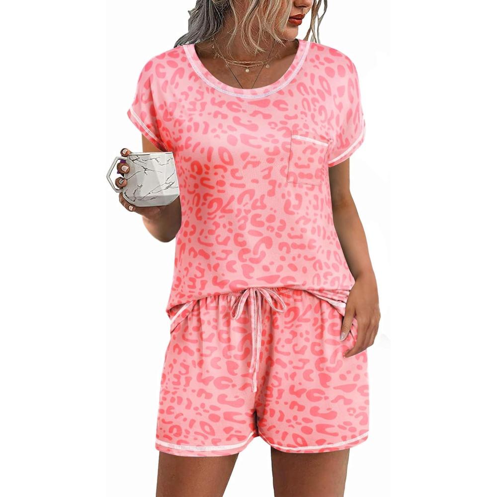 imageEkouaer Pajama Set for Women Short Sleeve Tops and Shorts Set 2 Piece Pjs Classic Loungewear with PocketsCartoon Pink Leopard Print