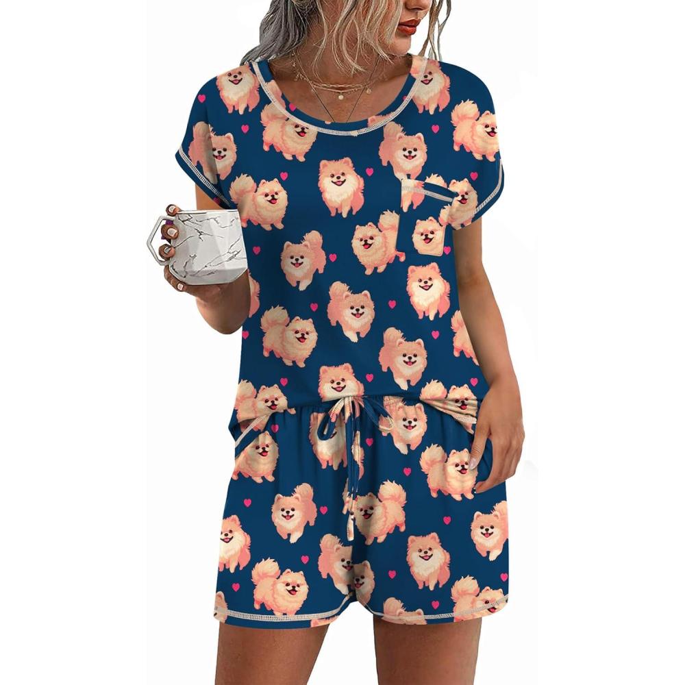 imageEkouaer Pajama Set for Women Short Sleeve Tops and Shorts Set 2 Piece Pjs Classic Loungewear with PocketsCartoon Yellow Dog