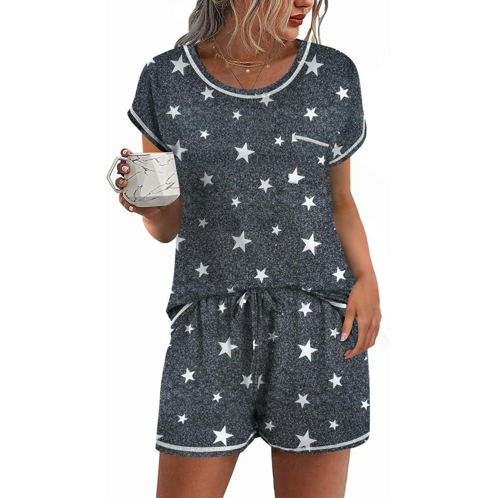 imageEkouaer Pajama Set for Women Short Sleeve Tops and Shorts Set 2 Piece Pjs Classic Loungewear with PocketsGrey Stars