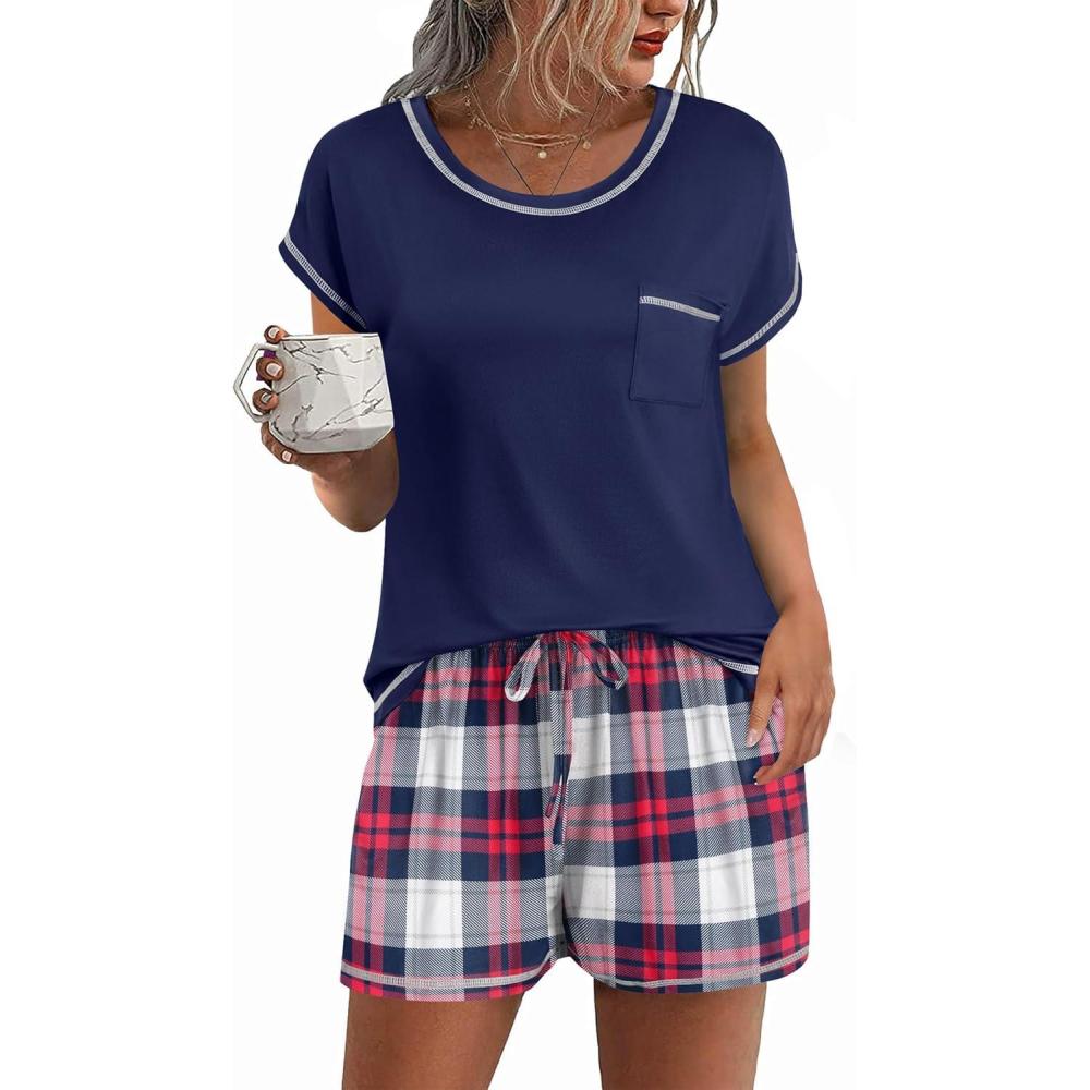 imageEkouaer Pajama Set for Women Short Sleeve Tops and Shorts Set 2 Piece Pjs Classic Loungewear with PocketsPlaid Navy Blue and Red