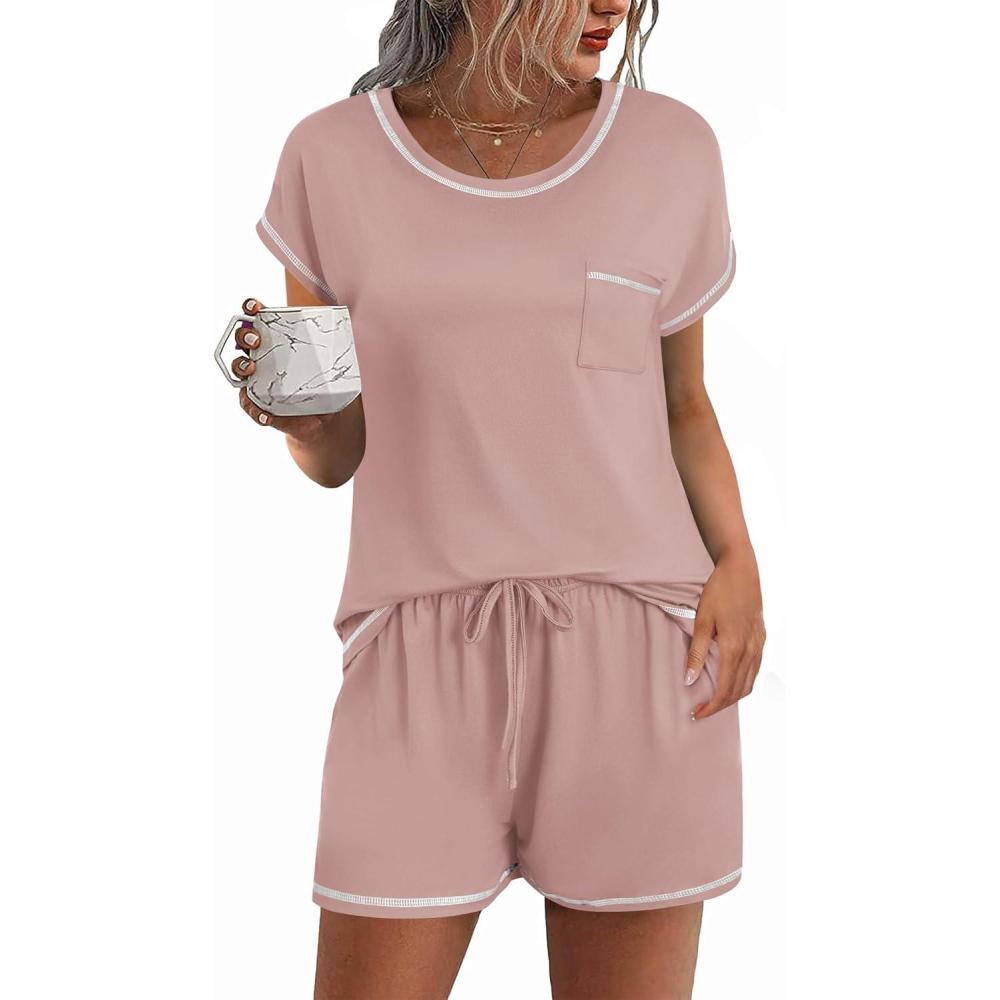 imageEkouaer Pajama Set for Women Short Sleeve Tops and Shorts Set 2 Piece Pjs Classic Loungewear with PocketsSolid Pink
