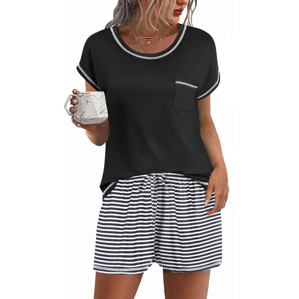 imageEkouaer Pajama Set for Women Short Sleeve Tops and Shorts Set 2 Piece Pjs Classic Loungewear with PocketsStripes Black White