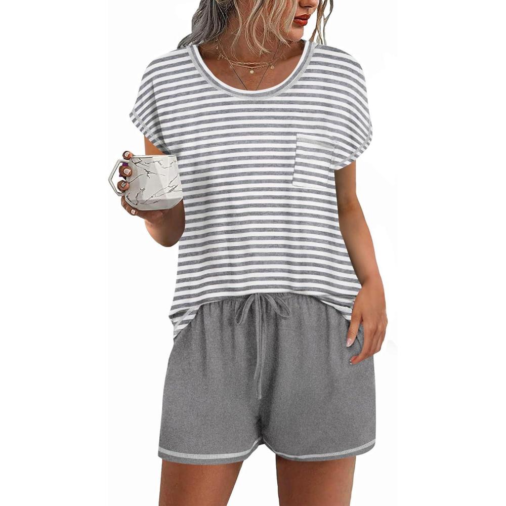 imageEkouaer Pajama Set for Women Short Sleeve Tops and Shorts Set 2 Piece Pjs Classic Loungewear with PocketsStripes Light Grey