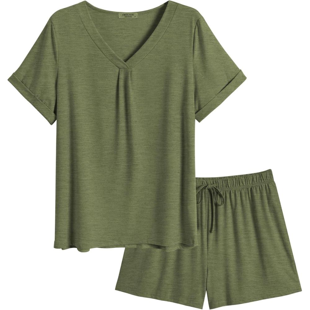 imageEkouaer Pajamas Set Womens Short Sleeve 2 Piece PJ Sets V Neck Comfy Sleepwear Loungewear with Pockets SXXLArmy Green