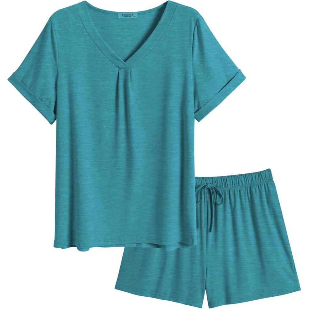 imageEkouaer Pajamas Set Womens Short Sleeve 2 Piece PJ Sets V Neck Comfy Sleepwear Loungewear with Pockets SXXLBlue Green
