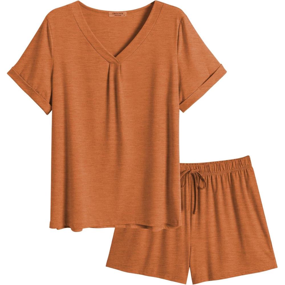 imageEkouaer Pajamas Set Womens Short Sleeve 2 Piece PJ Sets V Neck Comfy Sleepwear Loungewear with Pockets SXXLClay