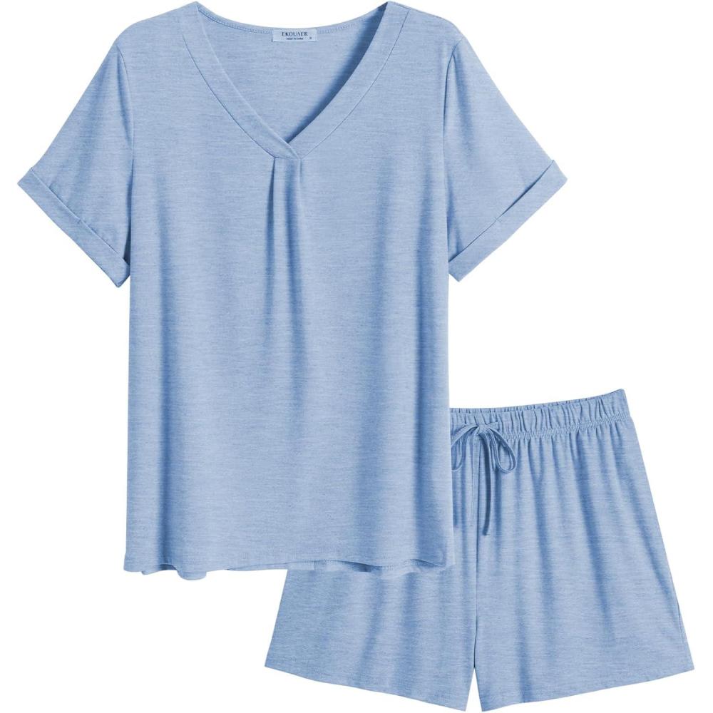 imageEkouaer Pajamas Set Womens Short Sleeve 2 Piece PJ Sets V Neck Comfy Sleepwear Loungewear with Pockets SXXLClear Blue