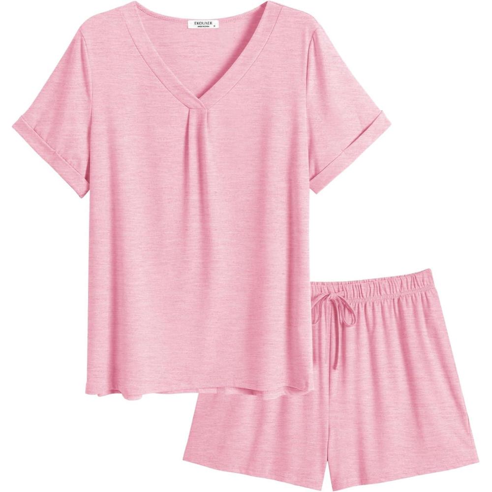 imageEkouaer Pajamas Set Womens Short Sleeve 2 Piece PJ Sets V Neck Comfy Sleepwear Loungewear with Pockets SXXLDeep Pink
