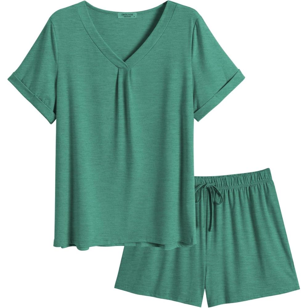 imageEkouaer Pajamas Set Womens Short Sleeve 2 Piece PJ Sets V Neck Comfy Sleepwear Loungewear with Pockets SXXLGreen
