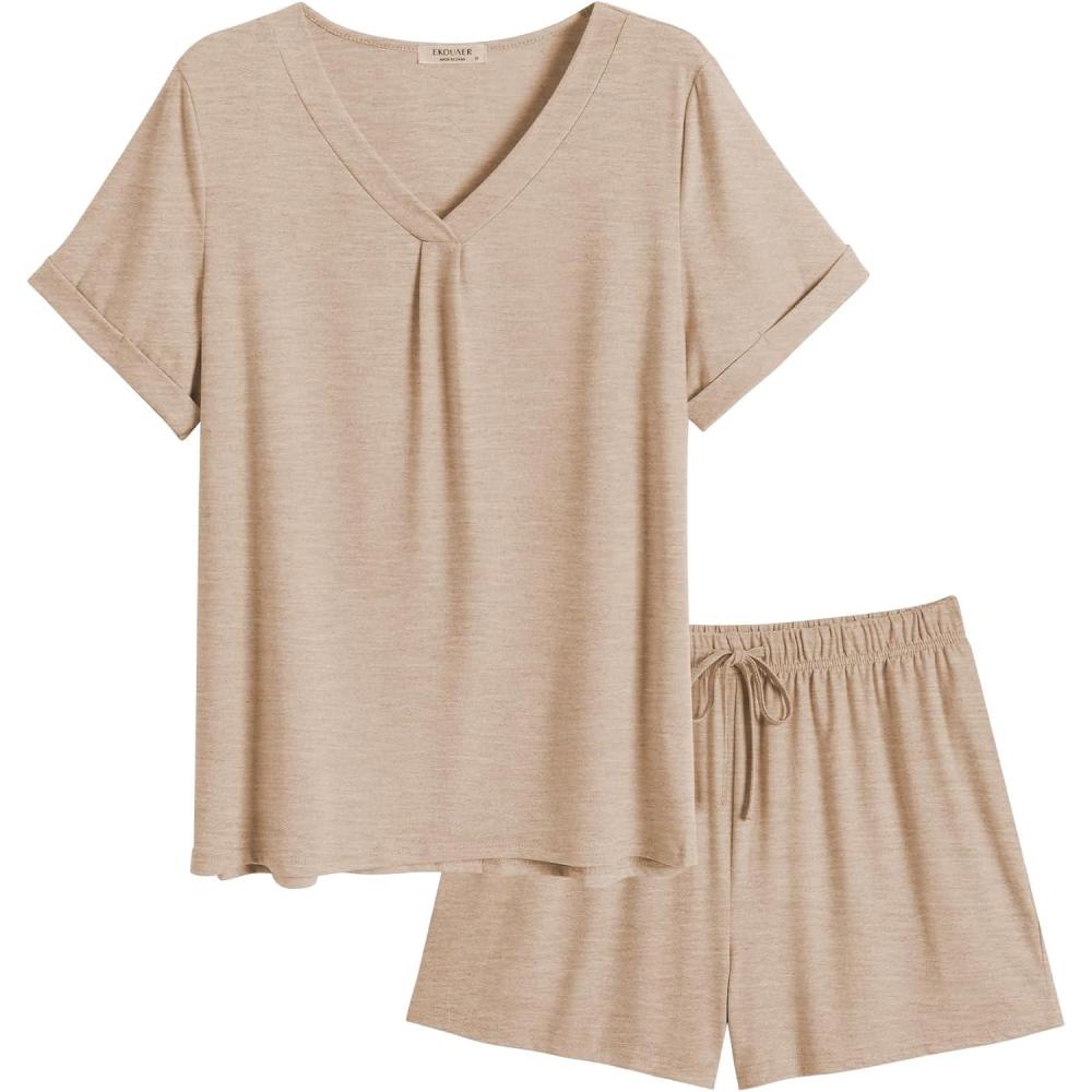 imageEkouaer Pajamas Set Womens Short Sleeve 2 Piece PJ Sets V Neck Comfy Sleepwear Loungewear with Pockets SXXLKhika