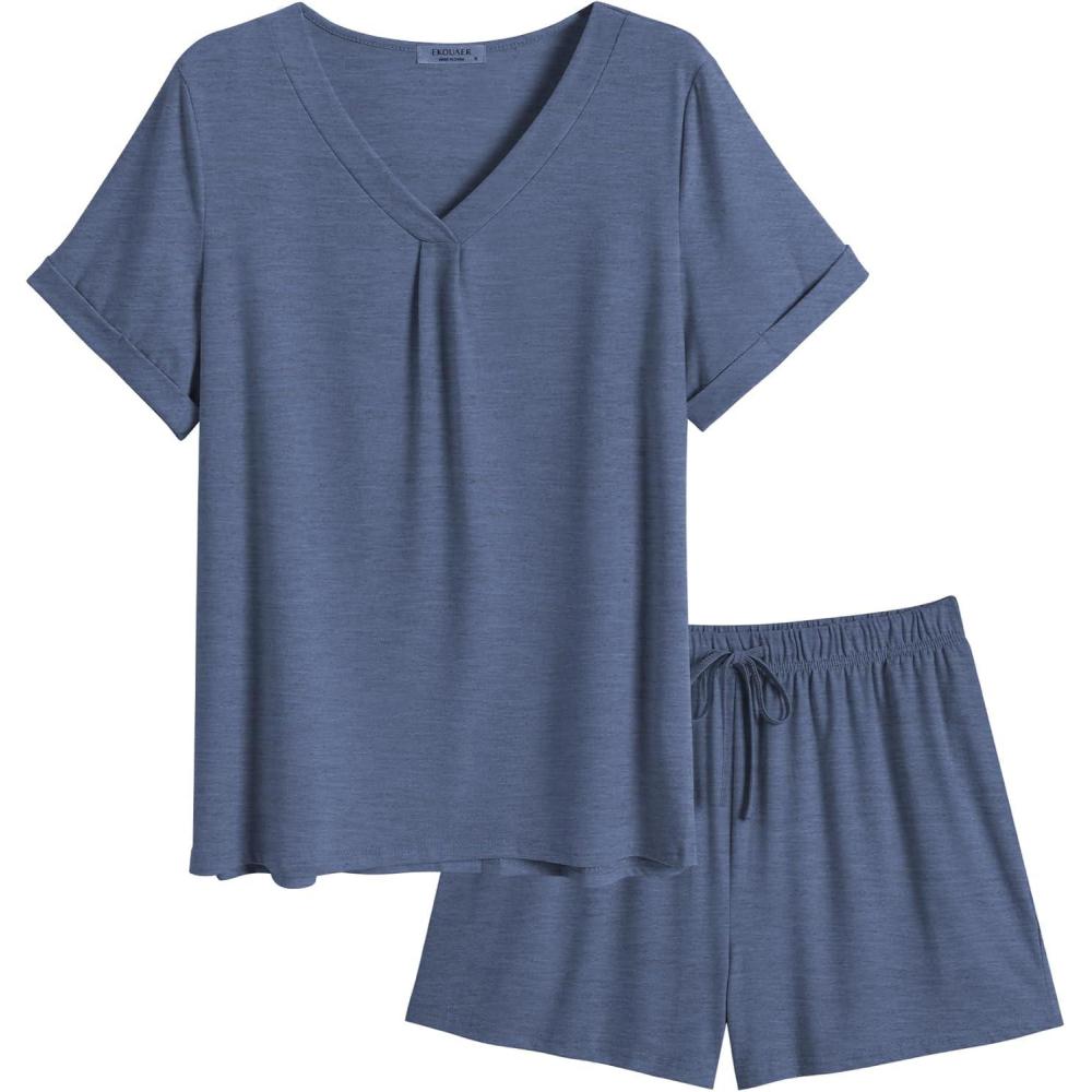 imageEkouaer Pajamas Set Womens Short Sleeve 2 Piece PJ Sets V Neck Comfy Sleepwear Loungewear with Pockets SXXLNavy Blue
