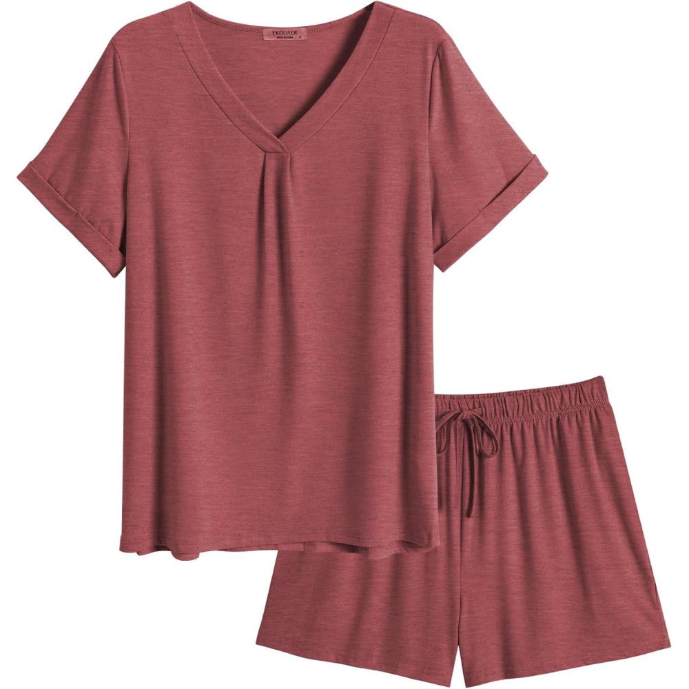 imageEkouaer Pajamas Set Womens Short Sleeve 2 Piece PJ Sets V Neck Comfy Sleepwear Loungewear with Pockets SXXLWine
