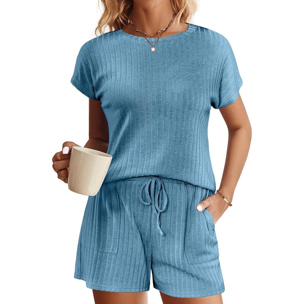 imageEkouaer Pajamas Set for Women 2 Piece Pjs Ribbed Knit Lounge Set Cap Sleeve Loungewear Sleepwear SXXLBlue