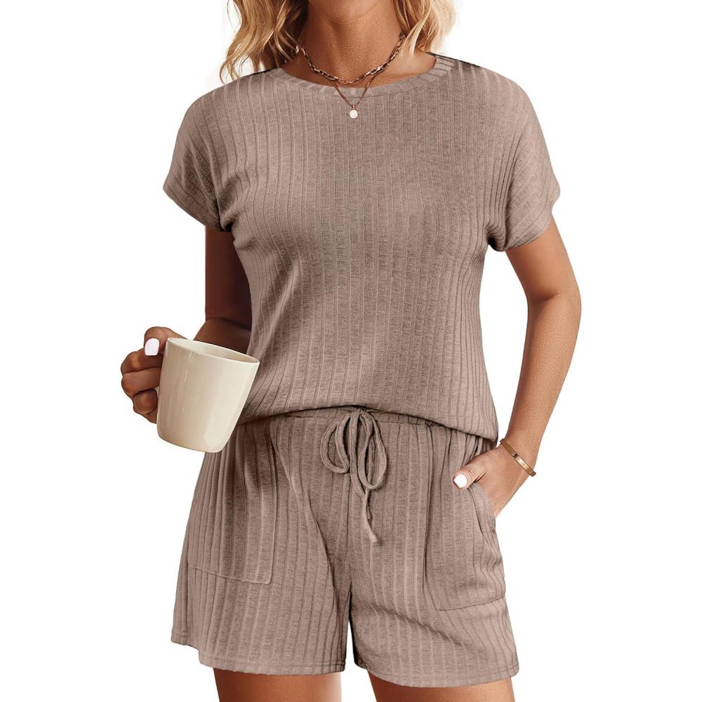 imageEkouaer Pajamas Set for Women 2 Piece Pjs Ribbed Knit Lounge Set Cap Sleeve Loungewear Sleepwear SXXLBrown