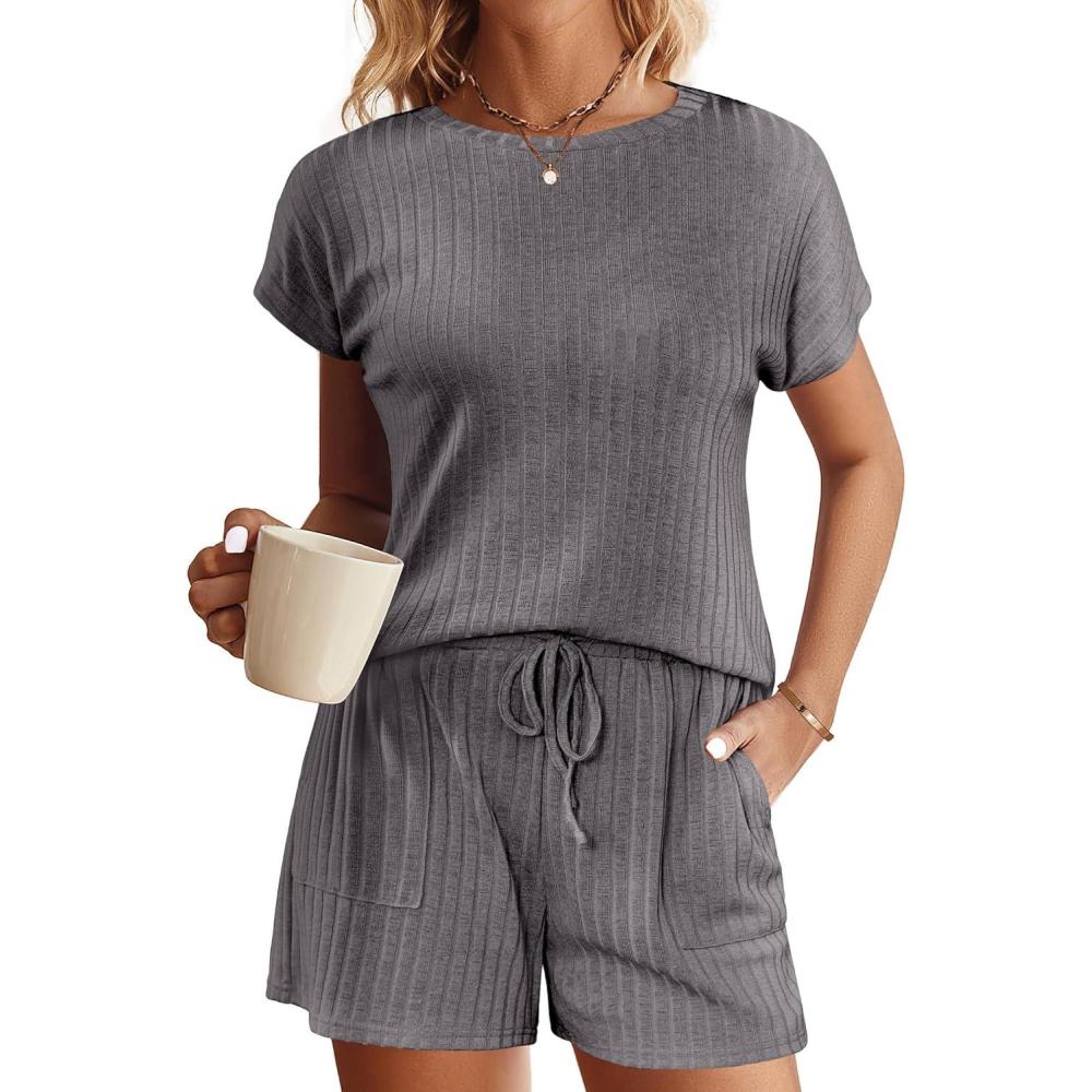 imageEkouaer Pajamas Set for Women 2 Piece Pjs Ribbed Knit Lounge Set Cap Sleeve Loungewear Sleepwear SXXLDark Gray